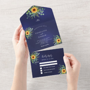 Invitation Tout En Un Tournesol eucalyptus vert marine bleu mariage