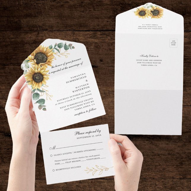 Invitation Tout En Un Tournesol Floral Eucalyptus Mariage botanique (Sunflower Eucalyptus Greenery All in One Wedding Invitation)