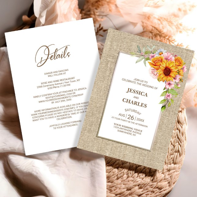 Invitation Tout en un tournesol Floral Mariage Burlap (Créateur téléchargé)