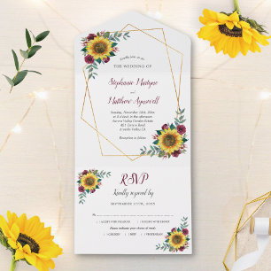 Invitation Tout En Un Tournesol géométrique Bourgogne Rose moderne Maria