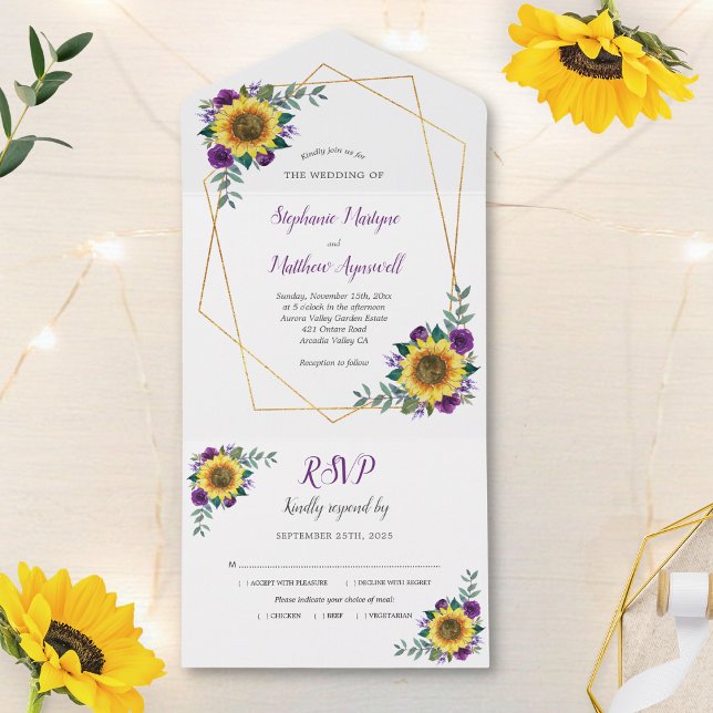 Invitation Tout En Un Tournesol géométrique violet Rose moderne Mariage (Créateur téléchargé)