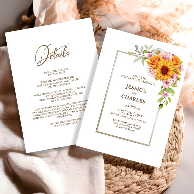 Invitation Tout en un tournesol rose Mariage floral (Créateur téléchargé)