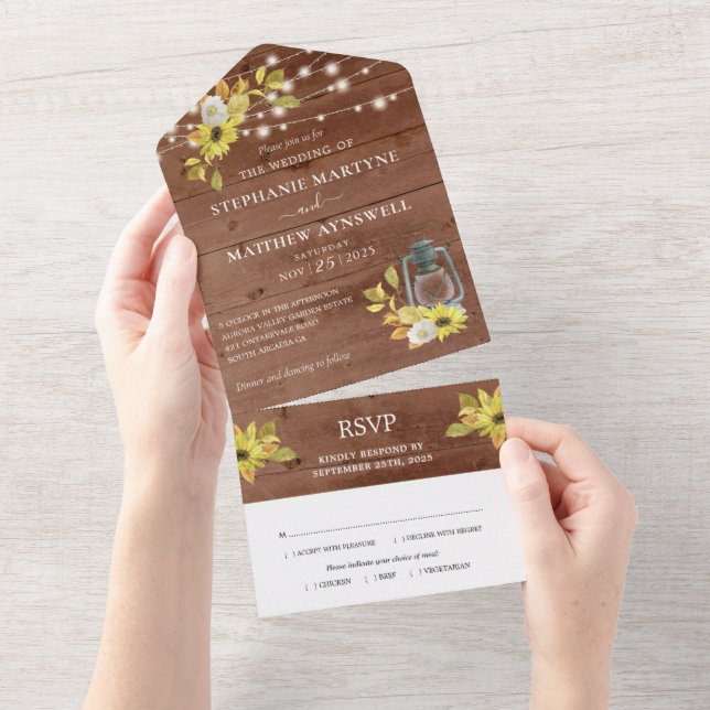 Invitation Tout En Un Tournesol Rustique Automne Lumières Mariage en boi (Déchirure)