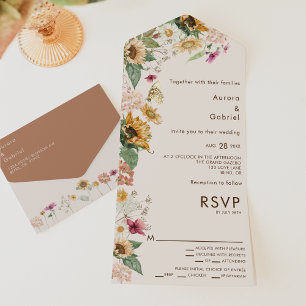 Invitation Tout En Un Tournesol rustique Beige Entree Choix Mariage RSVP
