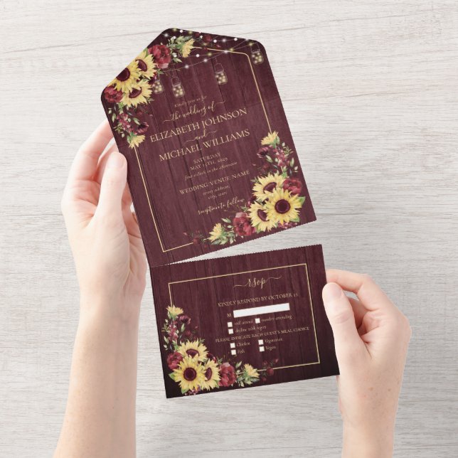Invitation Tout En Un Tournesol rustique Bourgogne Bois Mariage Floral (Déchirure)