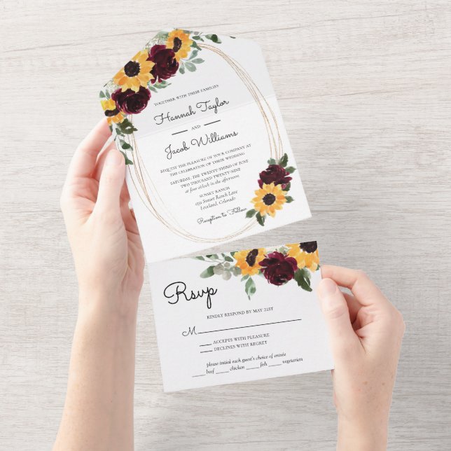 Invitation Tout En Un Tournesol rustique et Mariage Rose (Déchirure)