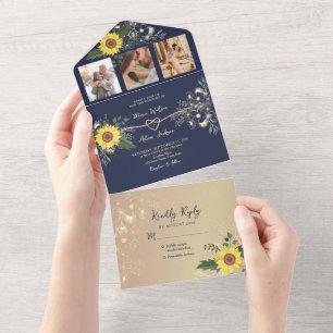 Invitation Tout En Un Tournesol Rustique Mariage bleu de la marine