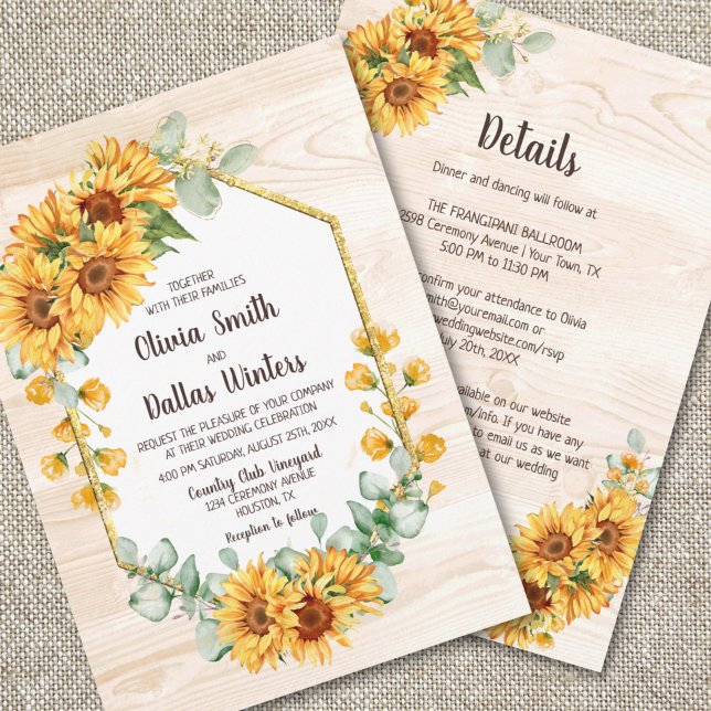 Invitation Tout en un tournesol rustique Mariage en bois d'éc (Créateur téléchargé)