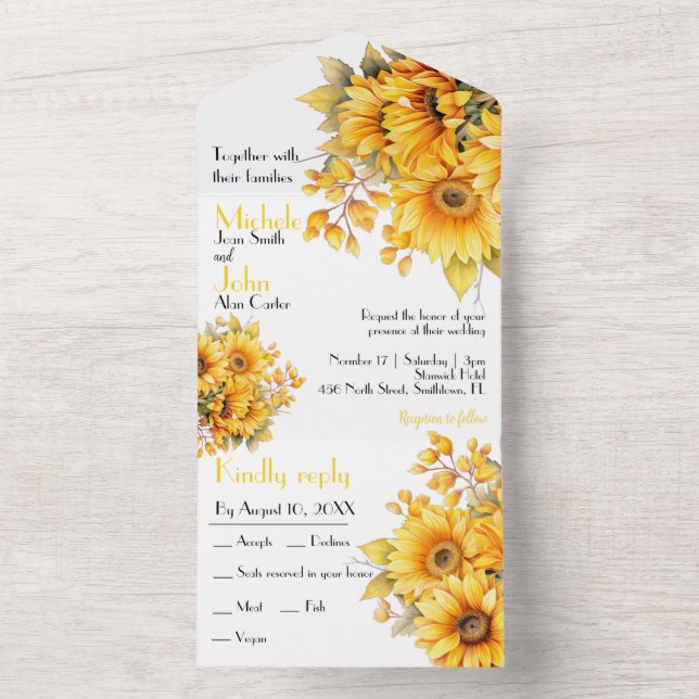 Invitation Tout En Un Tournesol rustique, mariage jaune (À l'intérieur)