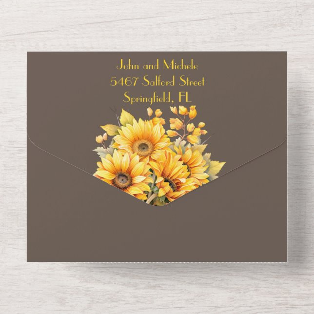 Invitation Tout En Un Tournesol rustique, mariage jaune et marron (Verso)