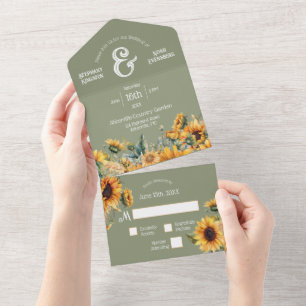 Invitation Tout En Un Tournesol Sage Vert Rustique Mariage Floral