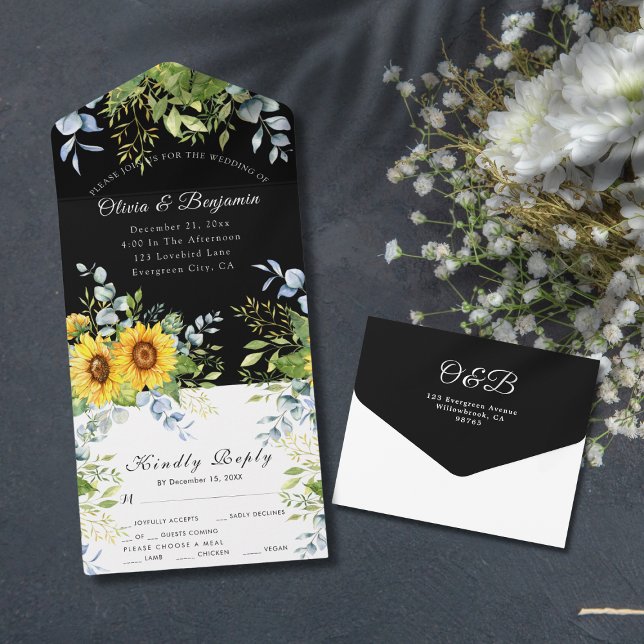 Invitation Tout En Un Tournesol vert noir et blanc Mariage RSVP (Sunflower Greenery Black and White RSVP Wedding All In One Invitation )