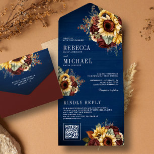 Invitation Tout En Un Tournesols Bourgogne Floral Code QR Mariage Marine