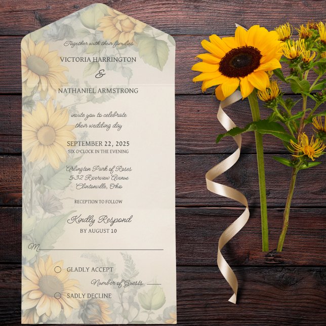 Invitation Tout En Un Tournesols et vignes rustiques (Also available with QR code or dinner options. )