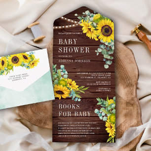 Invitation Tout En Un Tournesols Feuilles d'Eucalyptus Bois de Grange Ba