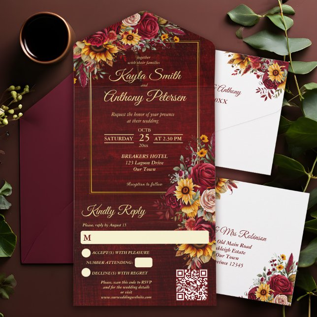 Invitation Tout En Un tournesols jaunes mariage de automne bordeaux (Fall wedding burgundy roses yellow sunflowers all in one  invitation wedding invitation cards)