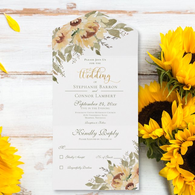 Invitation Tout En Un Tournesols Jaunes Russes Doux Pas de dîner (Rustic Soft Yellow Sunflowers No Dinner All In One Invitation)