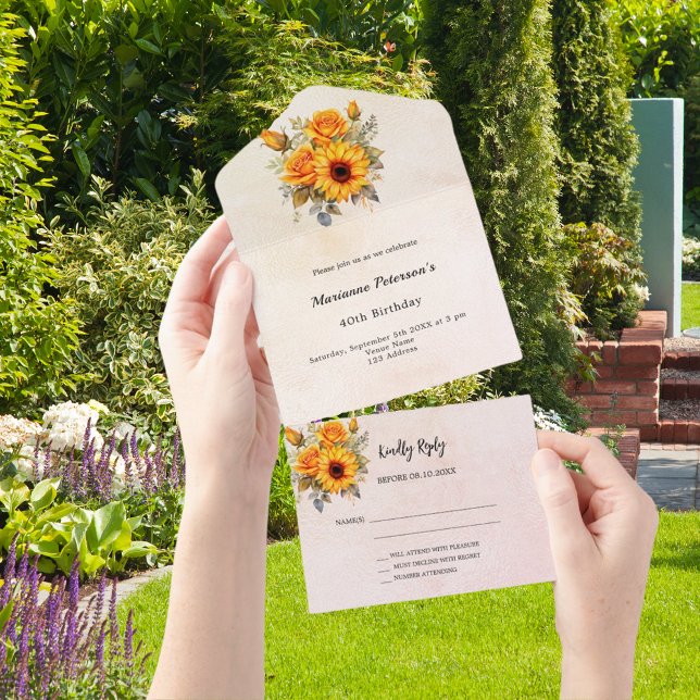 Invitation Tout En Un Tournesols rose or anniversaire RSVP (Créateur téléchargé)