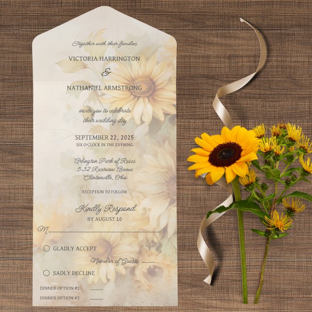 Invitation Tout En Un Tournesols Rustiques (Also available with QR code or without dinner options. )