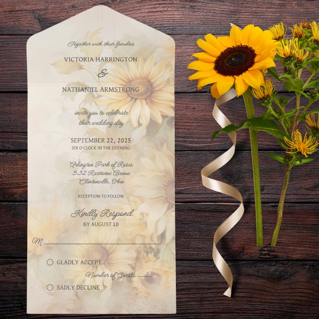 Invitation Tout En Un Tournesols Rustiques (Also available with QR code or dinner options. )