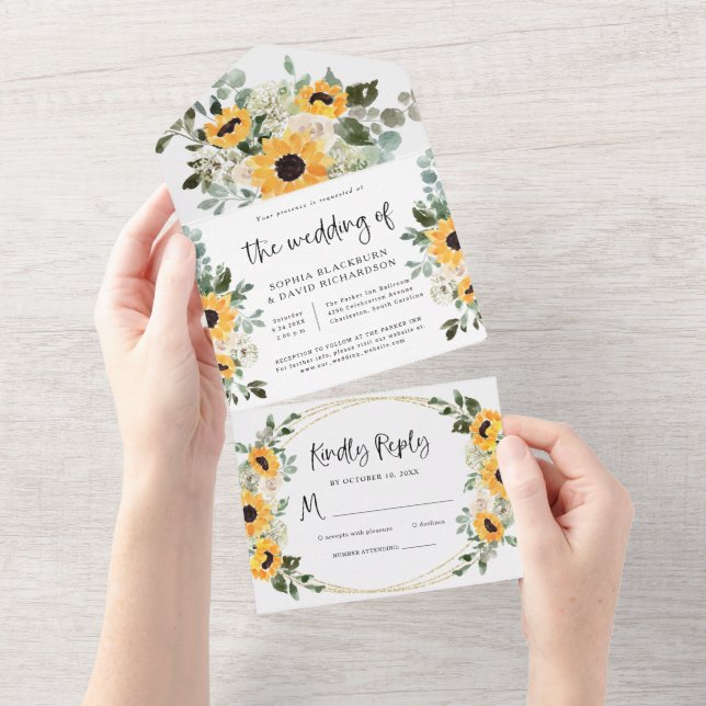 Invitation Tout En Un Tournesols rustiques | Mariage floral aquarelle (Déchirure)