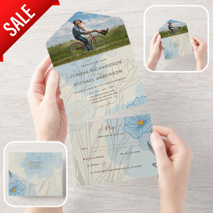 Invitation Tout En Un Tout inclus Dusty Blue Cream Mariage photo RSVP