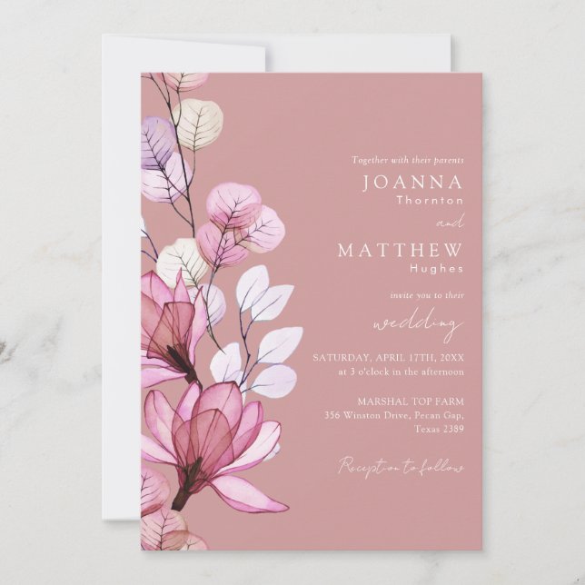 Invitation Tout en un transparent Floral Dusty Mariage Rose (Devant)