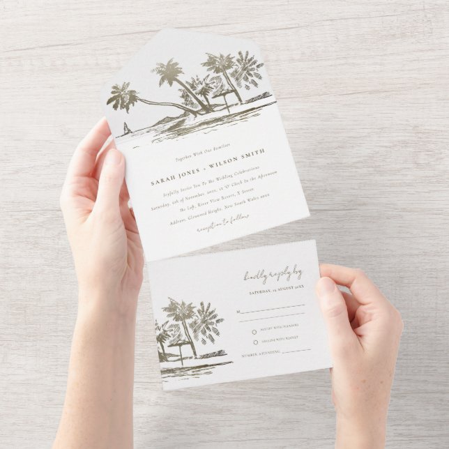 Invitation Tout En Un Tropical Beach Palm Tree croquis Pale Gold Mariage (Déchirure)