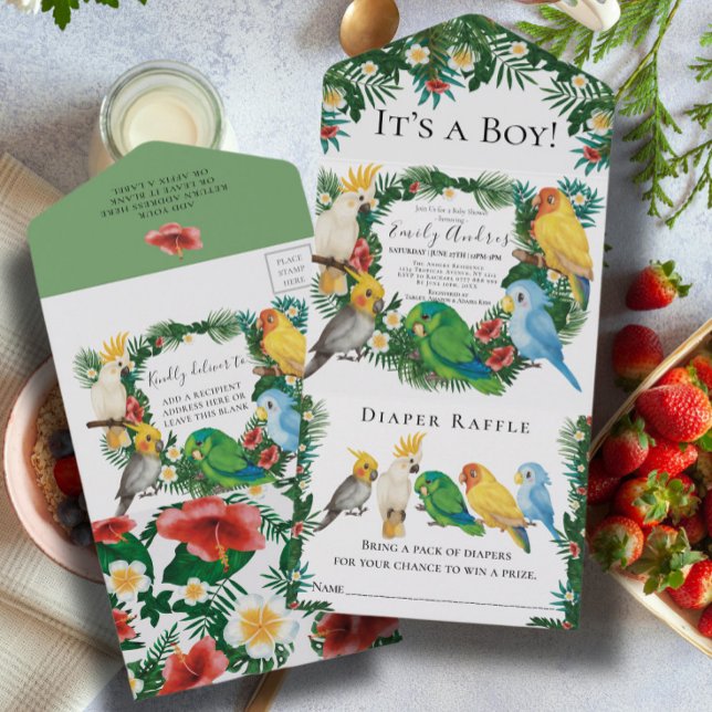Invitation Tout En Un Tropical Exotic beau Baby shower de perroquets (Créateur téléchargé)