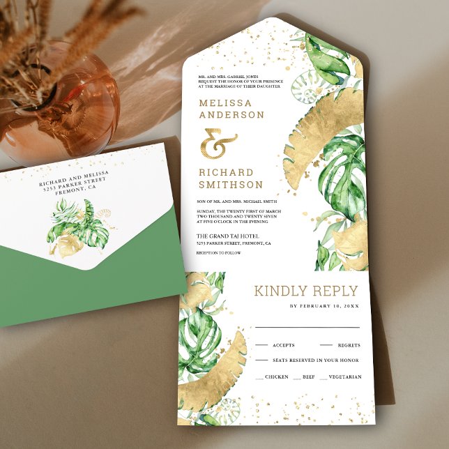 Invitation Tout En Un Tropical Green Gold Monstera Palm Feuille Mariage (Créateur téléchargé)