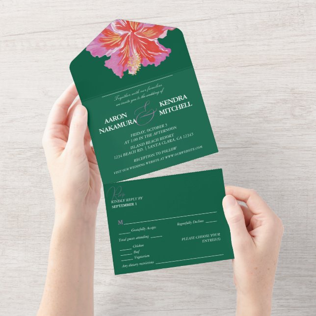 Invitation Tout En Un Tropical Hibiscus Emerald Wedding (Déchirure)