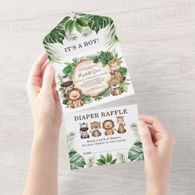 Invitation Tout En Un Tropical Jungle Safari Animaux Baby showers Garçon (Déchirure)