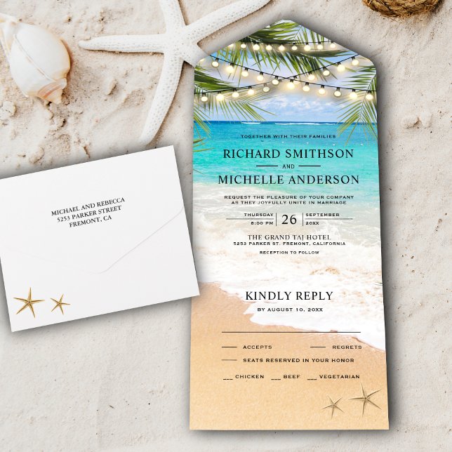 Invitation Tout En Un Tropical Palm Feuille Beach String Mariage (Créateur téléchargé)
