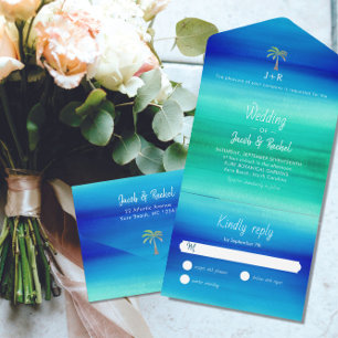 Invitation Tout En Un Tropical Palm Neon Blue Green Beach Ocean Mariage