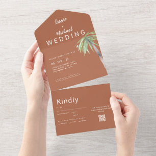 Invitation Tout En Un Tropical Palm Tree Terracotta QR Code Mariage