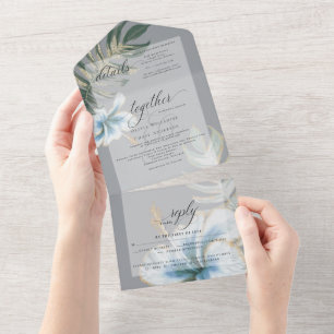 Invitation Tout En Un Tropical Rustique  Bleu Floral Poussiéreux pour un