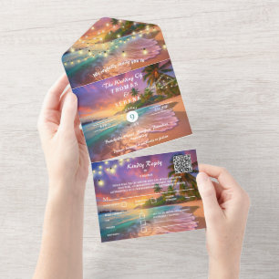 Invitation Tout En Un Tropical Sunset Beach QR Code Océan