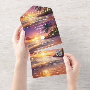 Invitation Tout En Un Tropical Sunset Beach QR Code Océan
