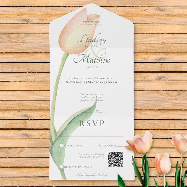 Invitation Tout En Un Tulipe rose pâle Peach Code QR moderne (Blush Pink Tulip Solo Pink Modern QR Code All In One Invitation)