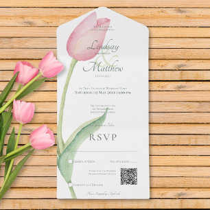 Invitation Tout En Un Tulipe rose pâle Solo rose moderne QR Code