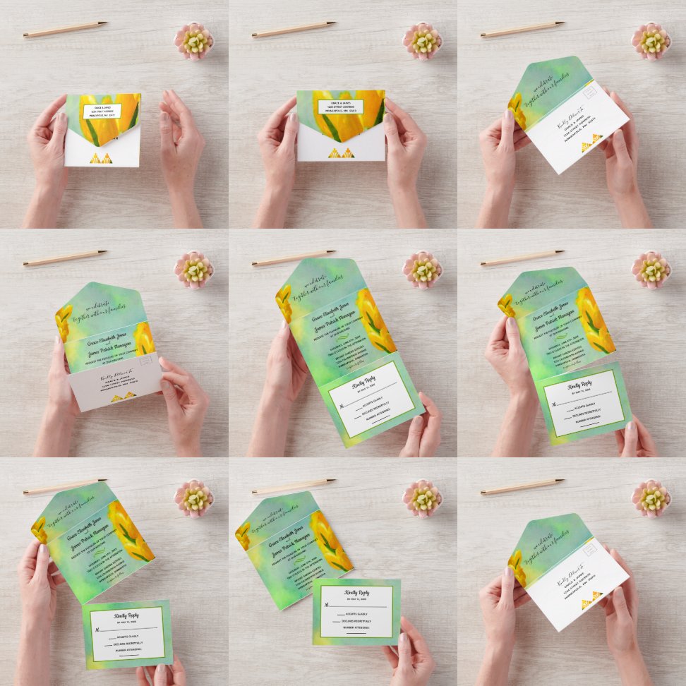 Invitation Tout En Un Tulipes d'aquarelle jaune tout en un mariage Invit