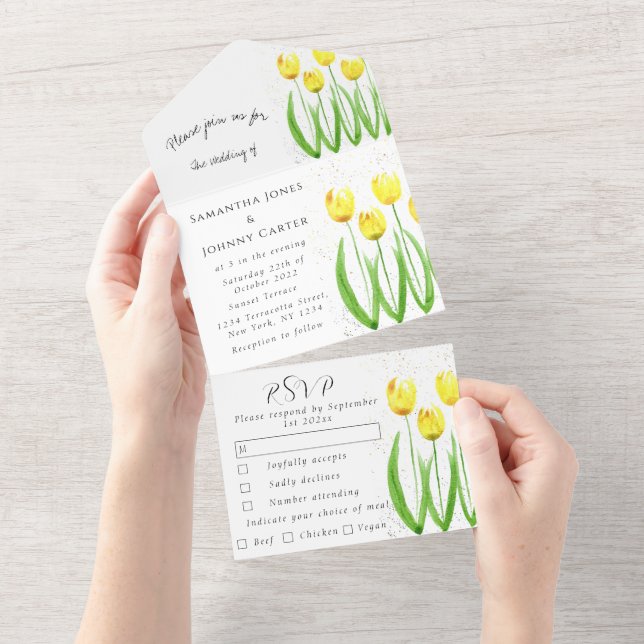 Invitation Tout En Un Tulipes Jaunes Aquarelle Florale Mariage de printe (Déchirure)