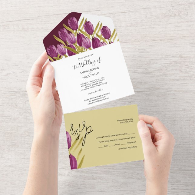 Invitation Tout En Un Tulipes violettes Elégante Aquarelle Peinte à la m (Déchirure)