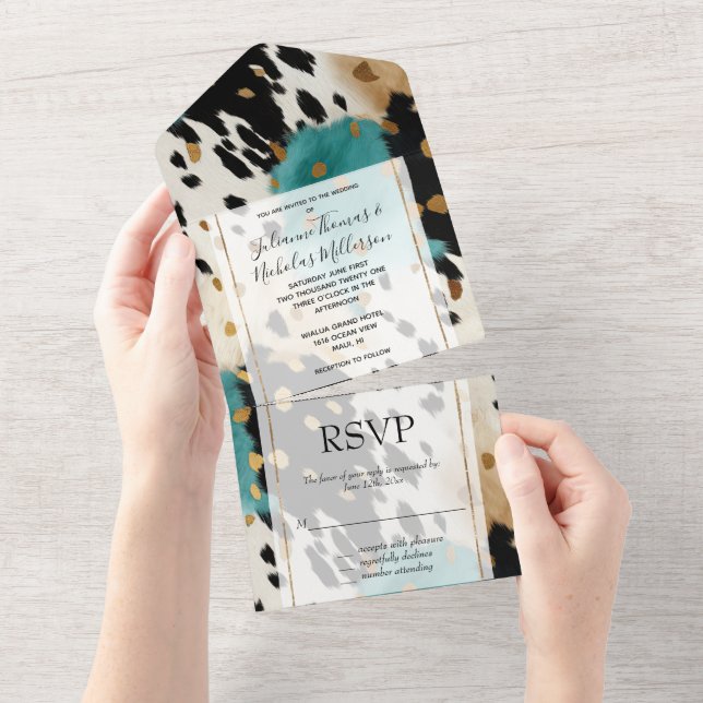 Invitation Tout En Un Turquoise Black Cream Gold Western Cowhide (Déchirure)