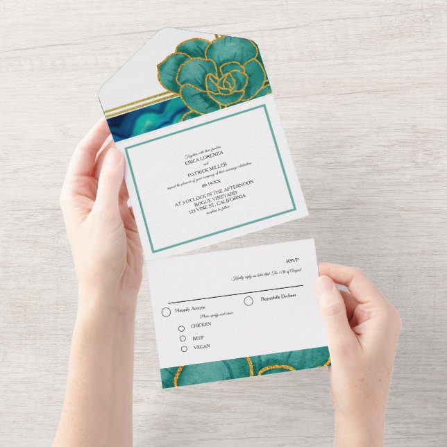 Invitation Tout En Un Turquoise & bleu Floral Agate Mariage (Déchirure)