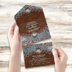 Invitation Tout En Un Turquoise Brown cowboy pays mariage ouest