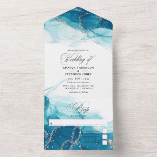 Invitation Tout En Un Turquoise et Mariage d'encre or tout en un Invitat
