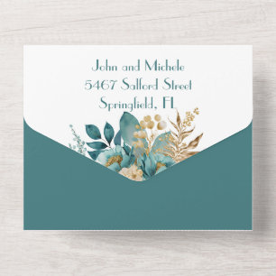 Invitation Tout En Un Turquoise et or floral All in One Wedding Inviter