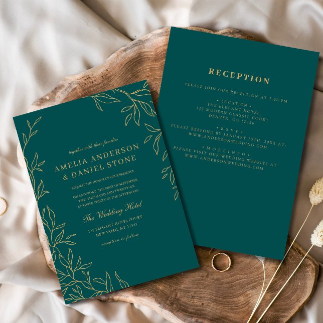 Invitation Tout en un Turquoise Mariage de feuille verte mini (Créateur téléchargé)