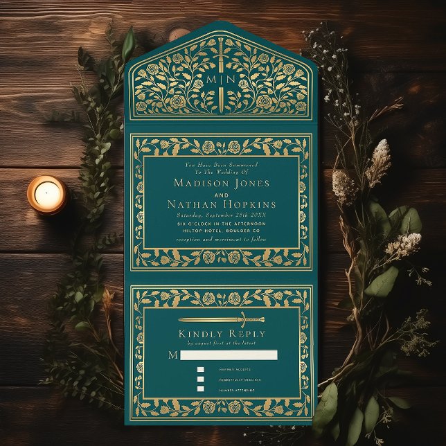 Invitation Tout En Un Turquoise Mariage d'épée médiévale (Créateur téléchargé)